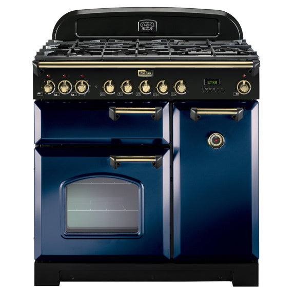 Falcon 90cm Classic Deluxe Dual Fuel Cooker - Royal Blue/Brass