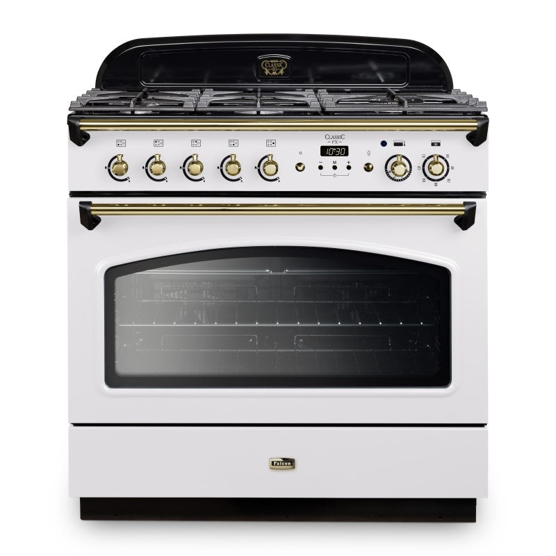 Falcon 90cm Classic Dual Fuel Range Cooker - White & Brass