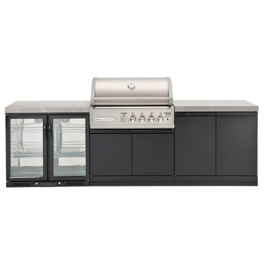 Crossray Outdoor BBQ Kitchen 4 Burner Gas Double Side Cabinets w/ Flat Stone Benchtops & Double Fridge Grey
