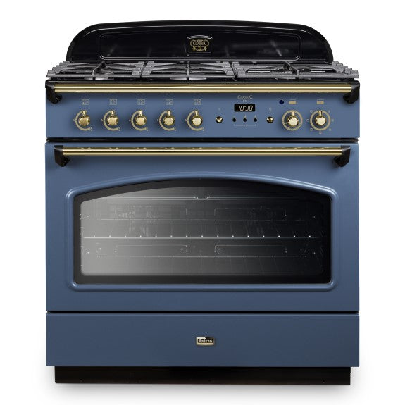 Falcon 90cm Classic Dual Fuel Range Cooker - Stone Blue & Brass