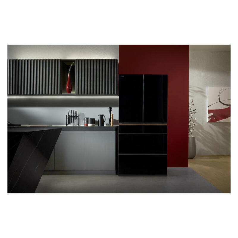 Hitachi 670L Multi-Drawer Fridge Freezer Crystal Black Glass