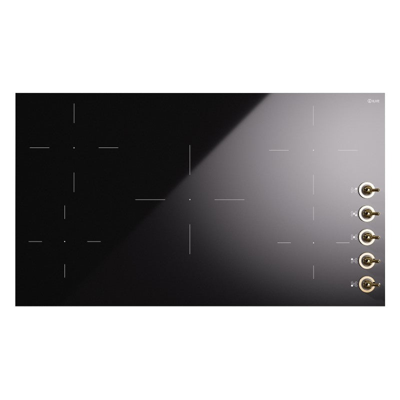 ILVE 5-ZONE Induction Cooktop – Black Glass W/ Brass Knobs 90CM